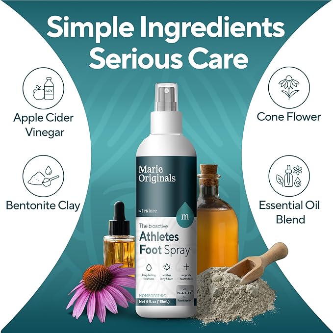 Marie Originals Homeopathic Athletes Foot Spray for Itchy Burning Skin Relief Natural Odor Control and Moisture Care Soothing Plant-Based Foot Comfort for Active Lifestyles and Daily Use 4 oz