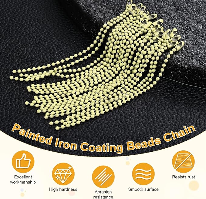 M METERXITY 100-Pack Ball Beads Chain, 4.7 in Metal Beaded Necklace Adjustable Keychain with Connectors for Jewelry Making/DIY Crafts/Hanging Decoration, Dog Tag Chain [Light Yellow]