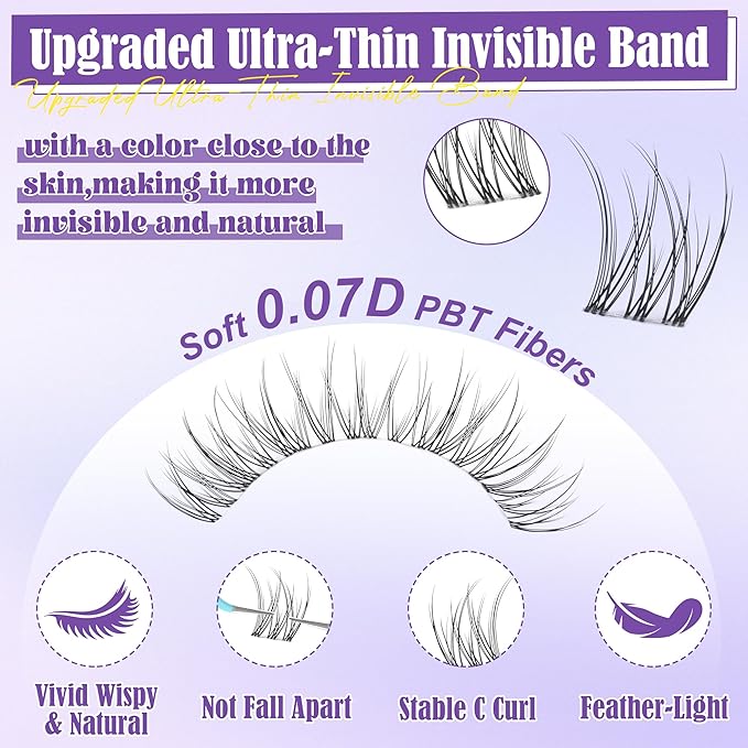 Natural Lash Clusters Kit Invisible Band Wispy Lash Extensions Kit Short 11-13mm DIY Eyelash Extensions Individual Cluster Lashes Kit with Lash Remover by ALICE