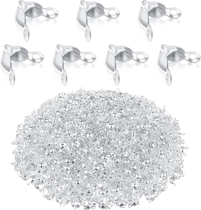 Syhood 1400 Pieces Bead Tips Knot Covers Bulk Clamshell Bead Tips for Jewelry Making Open End Caps Knot Covers for DIY Bracelet Necklaces Earrings Keychains(Silver)