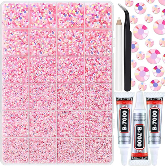25000PCS Jelly Rhinestones for Crafting, Light Pink AB Resin Flatback Gems 2mm 3mm 4mm 5mm 6mm, Bedazzling Crystal Stones with B7000 Glue Tweezers Wax Pencil, Non Hotfix