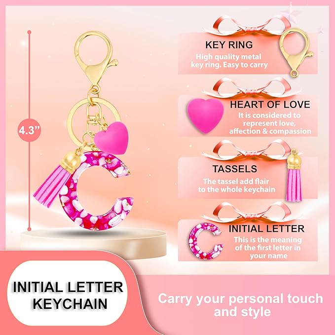 Initial Keychains for Women with Cute Heart Resin - Alphabet Letter Keychain for Bag, Backpacks, Purse or Car key