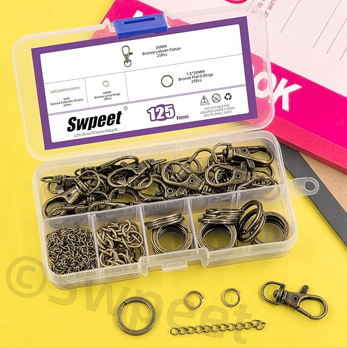 Swpeet 125Pcs Bronze Keychain Making Set, 25Pcs Swivel Lanyard Snap Hook, 25P Keychain Ring, 25P Extender Chains, 50P Open Jump Rings, Swivel Lobster Clasps, Keychains Clips