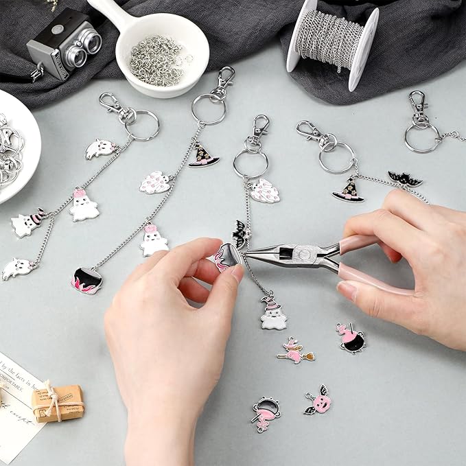 VioraWhite 227 Pcs Christmas Lip Gloss Keychain Making Kit Bulk 24 Keychain Clips with Lobster Claw Clasps 200 Jump Ring Chain Plier Hole Puncher for DIY Lip Gloss Crafts Supplies(Silver)