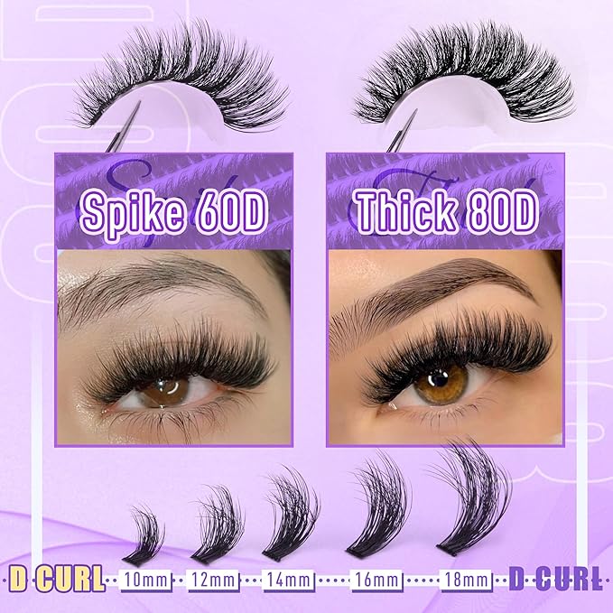 TOOCHUNAG Fluff Lash Extension Kit Thick Eyelash Extension Kit 60D+80D Wispy Lash Clusters Individual Lashes Kit with Lash Bond and Seal, Lash Remover, Eyelashes Tweezers (280Pcs,10-18mm)