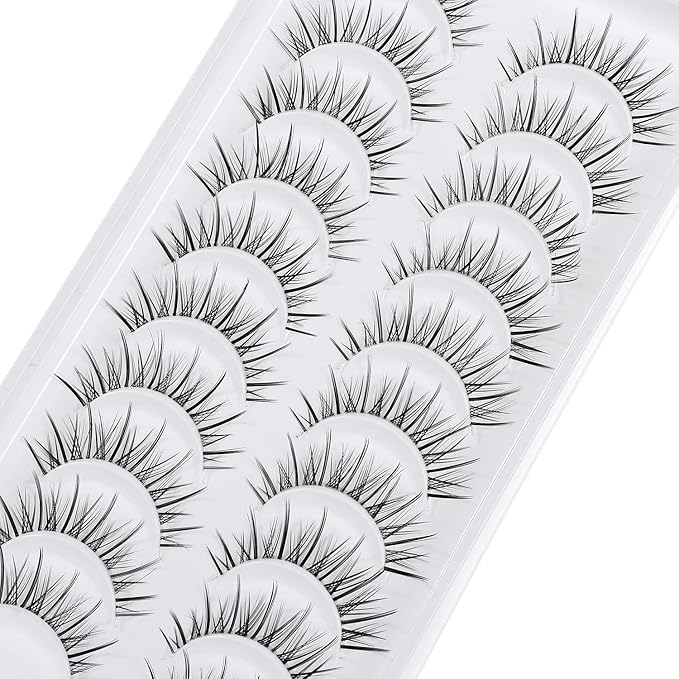 Manga Lashes Natural Look Japanese Anime Lashes Korean Asian Wispy Spiky Lashes with Clear Band Short Fake Eyelash 10 Pairs Pack by outopen