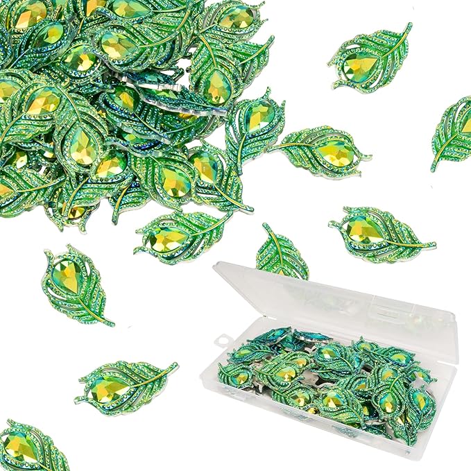 50 Pcs 38mm Feather Resin Accessories Flatback Rhinestone,for Tumblers, Bottles, Clothing DIY Accessories Craft Decoration (Green)