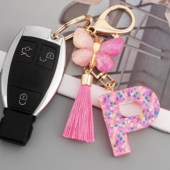 Suweibuke Cute Pink Key Chains for Women Girls, Initial Letter Keychains with Tassel, Charms for Key Purse Handbags Backpacks