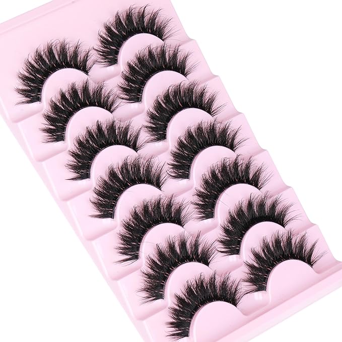 Focipeysa D Curl Lash Fluffy Volume Eyelash Thick False Eyelashes 16mm Lashes 8D Faux Mink Lash Dramatic Strip Eyelash Pack Lash that Look Like Extension 7 Pairs