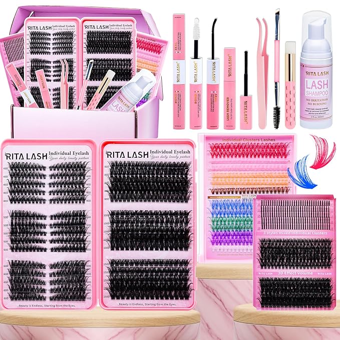 Lash Clusters Kit Eyelash Clusters Kit Cat Eye Lashes Cluster Eyelash Extensions Large Pack Colored Lash Extension Kit Pestañas Postizas Naturales+Lash Bond&Seal,Remover,Tweezers,Cleanser(Lash Kit-7)