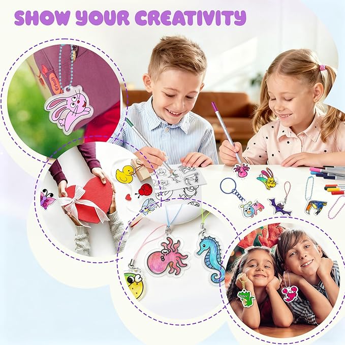 74PCS Shrink Dink Sheets Keychain Kit, Shrink Plastic Sheets with 6PCS 7.9"x5.7" Patterned Shrinking Film Art Paper for Kids DIY Crafts, Thanksgiving & Christmas Ornaments, White Elephant Gift