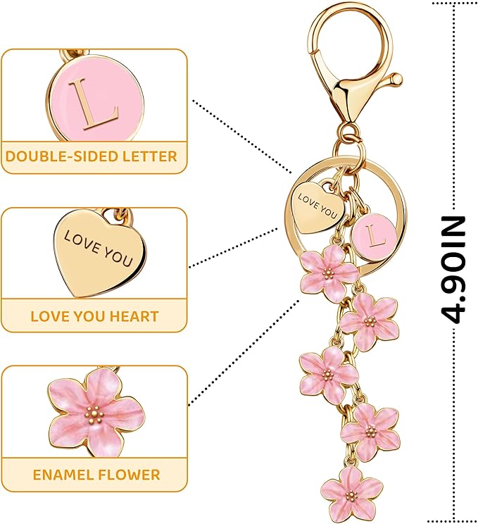 Suweibuke Cute Initial Letter Keychain with Love You Heart, Enamel Flower Charm for Key Handbag Backpack - Women Girls Gifts