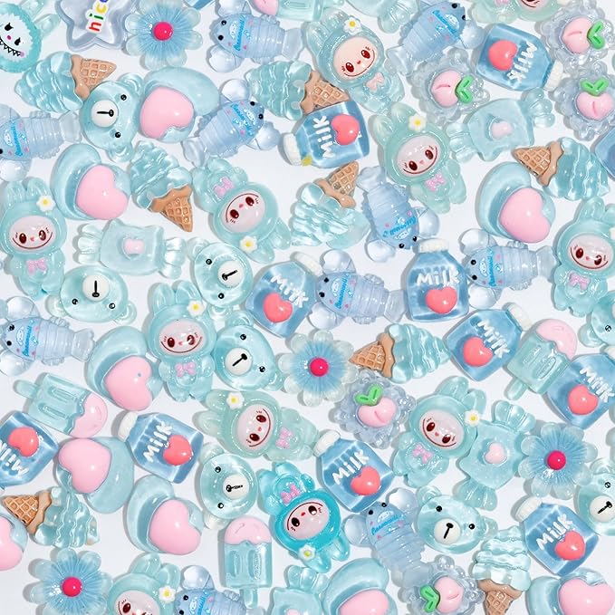 Charms 100PCS Mixed Kawaii Flatback Resin Charms for Crafts, Cabochon for DIY Projects, Slime Charm, Resin Art, Scrapbooking, Phone Case & Accessories (Blue)