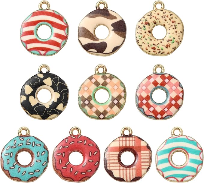 Stiesy 50 Pcs 10 Colors Dessert Donut Charms Pendants Cute Enamel Doughnut Food Alloy Metal Charms Bulk for Jewelry Crafts Necklace Bracelets Earring Making DIY Presents
