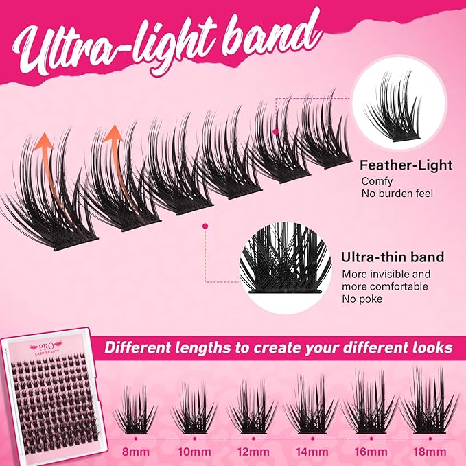 PRO LASHBEAUTY Lash Clusters Kit with Lash Bond and Seal Eyelash Applictor Lash Remover DIY Lash Extension Kit for Beginner Waterproof Resuable Eyelash Extensions at Home (Bloomy,8-18mix)