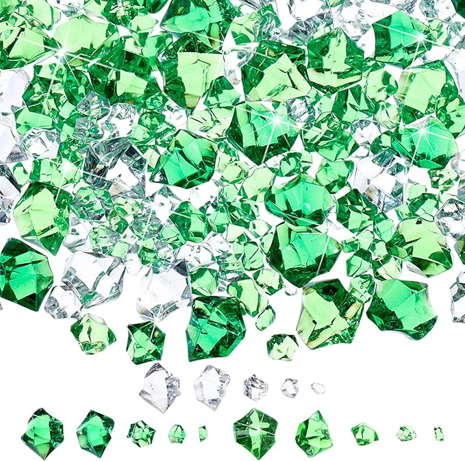 Syhood 570 Pcs 5 Sizes St Patricks Day Green and Clear Fake Crushed Ice Rocks Irish Acrylic Diamonds Plastic Gemstones Treasure Crystal Gems for Vase Fillers Table Scatter Centerpieces Decoration