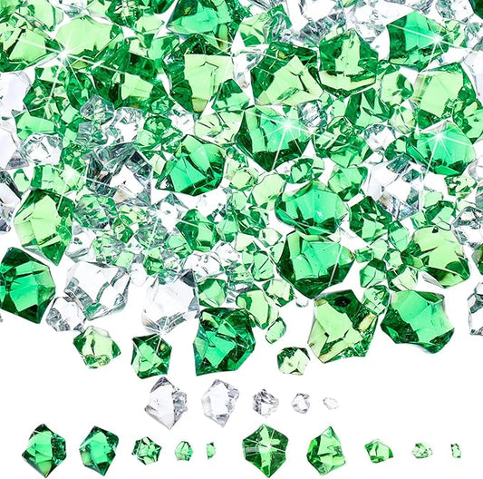 Syhood 570 Pcs 5 Sizes St Patricks Day Green and Clear Fake Crushed Ice Rocks Irish Acrylic Diamonds Plastic Gemstones Treasure Crystal Gems for Vase Fillers Table Scatter Centerpieces Decoration