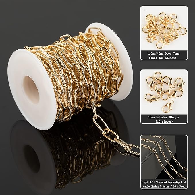 16.4 Feet Aluminum Oval Light Gold Chains for Jewelry Making Unwelded Textured Paperclip Link Cable Chain Roll Necklace Chains Bulk with Lobster Clasps and Jump Rings