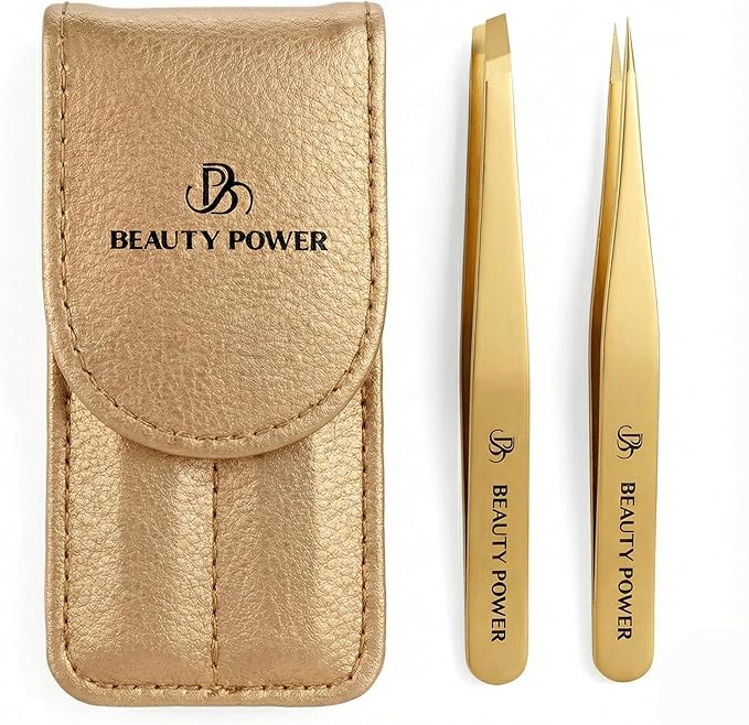 Beauty Power Professional Tweezers Set – Slant & Point, Ultra Precision German Stainless Steel Tweezers for Eyebrows, Chin, Ingrown Hair & Facial Grooming – Lightweight with Travel Case (Matte Gold)