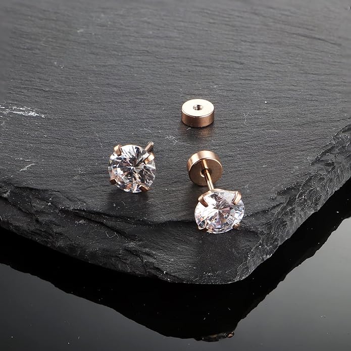 Fansilver 20G Hypoallergenic Flat Back Earrings for Women Men Silver 14K Gold Stainless Steel Stud Earrings Brithstone Cubic Zirconia Studs Surgical Steel Cartilage Earrings for Sensitive Ears