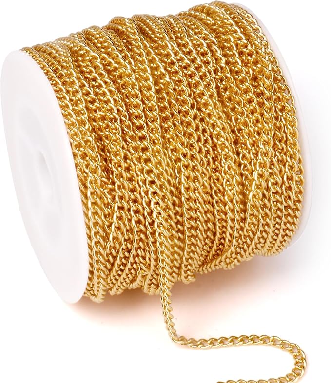 [66 Feet/ 20M] 18K Gold Plated Stainless Steel Curb Chains, 3mm 304 Stainless Steel Flat Twisted Links Curb Chains Spool Bulk for Jewelry Making