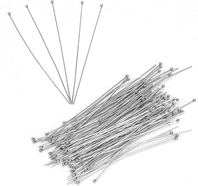 Ball Pins for Jewelry Making – 100 Pcs 70mm Long Stainless Steel Hypoallergenic Headpins, 24 Gauge Silver Plated Wire Findings for Beads, Earrings, Necklaces, DIY Crafts