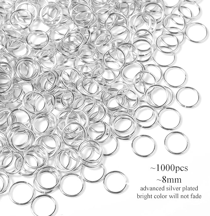 1000 Pcs 8mm Open Jump Rings Silver Plated Jump Rings for Jewelry Making Single Ring Bulk for DIY Craft Earring Necklace Bracelet Pendant Choker Jewelry Making Findings and Key Ring Chain