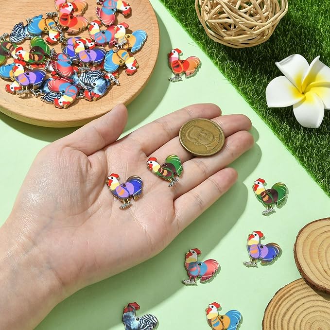 Stiesy 30 Pcs 6 Colors Enamel Cute Farm Animal Pendant Charm Colorful Printed Rooster Cock Dangle Charms Bulk for Jewelry Making DIY Necklace Bracelet Crafting