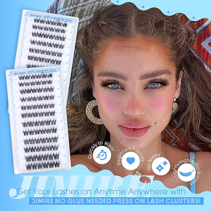 Natural Self Adhesive Eyelashes 10-16MM Wispy Press on Lashes Pre Glued Lash Clusters No Glue Needed Press on Eyelash Clusters Reusable Self Adhesive Lash Clusters Easy to Apply by JIMIRE