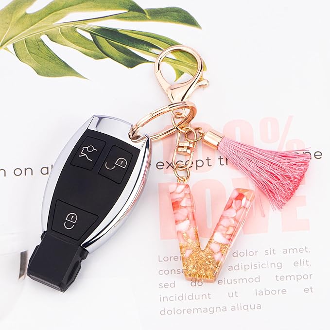 Suweibuke Cute Pink Key Chains for Women Girls, Initial Letter Keychains with Tassel, Charms for Key Purse Handbags Backpacks