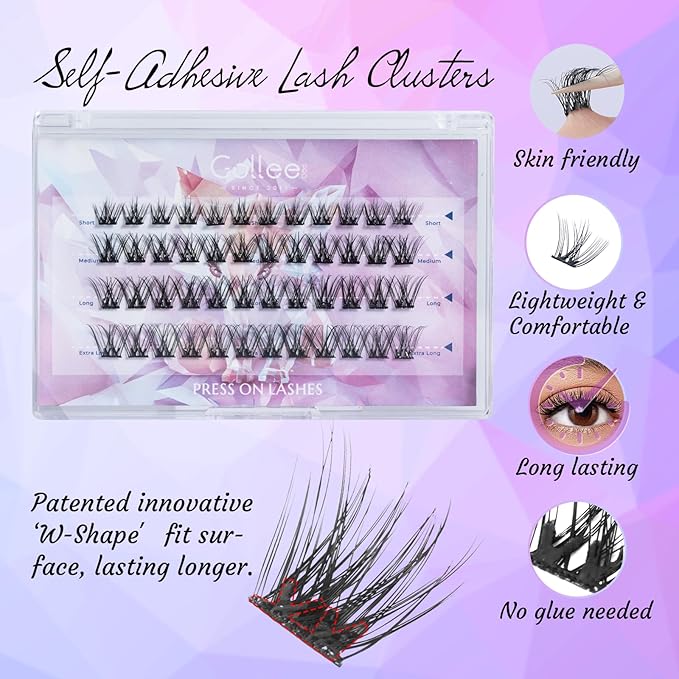 Gollee Self Adhesive Eyelashes 10-16mm | No Glue Needed Pre-Glued Lash Clusters | 48 Clusters Wispy Natural Look | Reusable Beginner Friendly No Residue