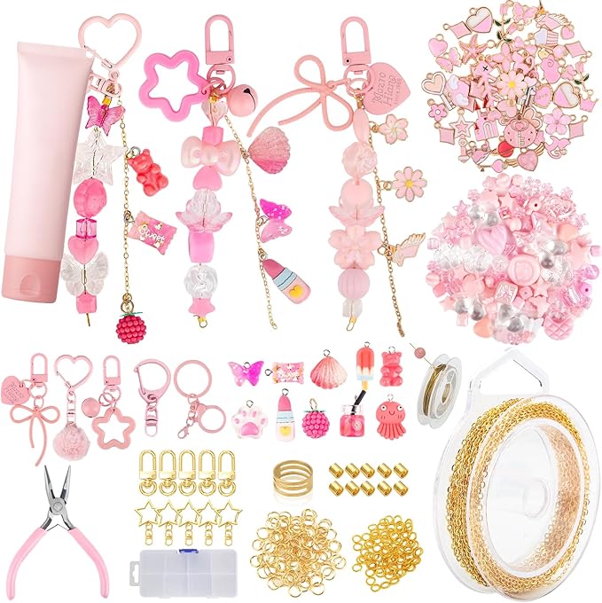Ecoofor 249 Pcs Keychain Making Kit — Includes 15 Keychain Clips, 16.4 Feet Chains, 100 Charms, Beading Accessories, Jewelry Pliers — DIY Bag Charms & Jewelry Craft Kit Supplies