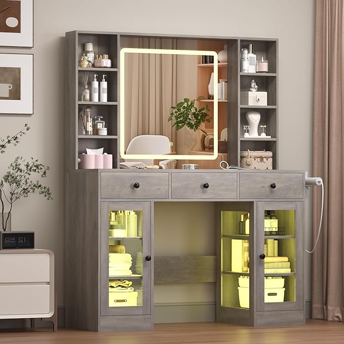 Vanity Desk with Mirror and Lights, White Makeup Vanity with Glass Top & Drawers, 3 Lighting Modes, Power Outlet, RGB Glass Cabinets, Modern Dressing Table for Girls, Women, Teens
