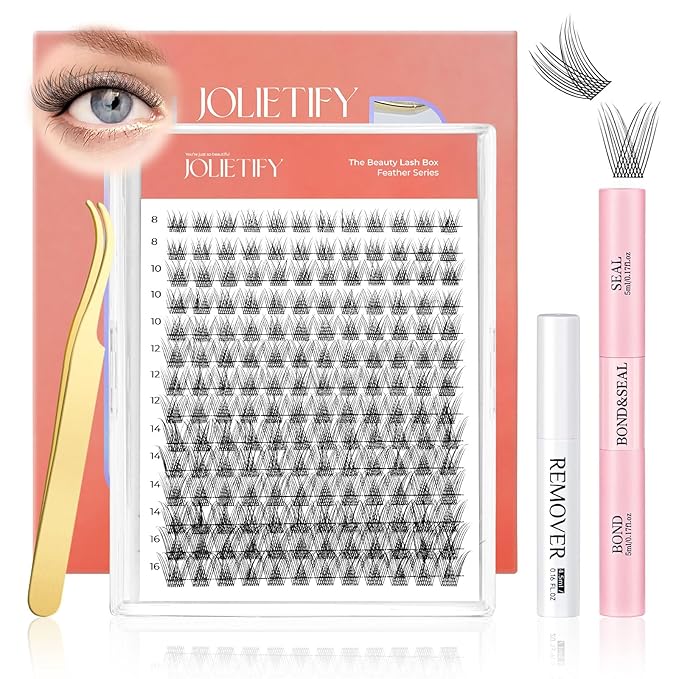 JOLIETIFY Lash Extension Kit, Natural Look, Wispy Soft & Fluffy, Faux Mink 8-16mm DIY Cluster Lashes, Reusable Individual Lashes with Waterproof Bond & Seal, Tweezers & Remover, Easy to Apply