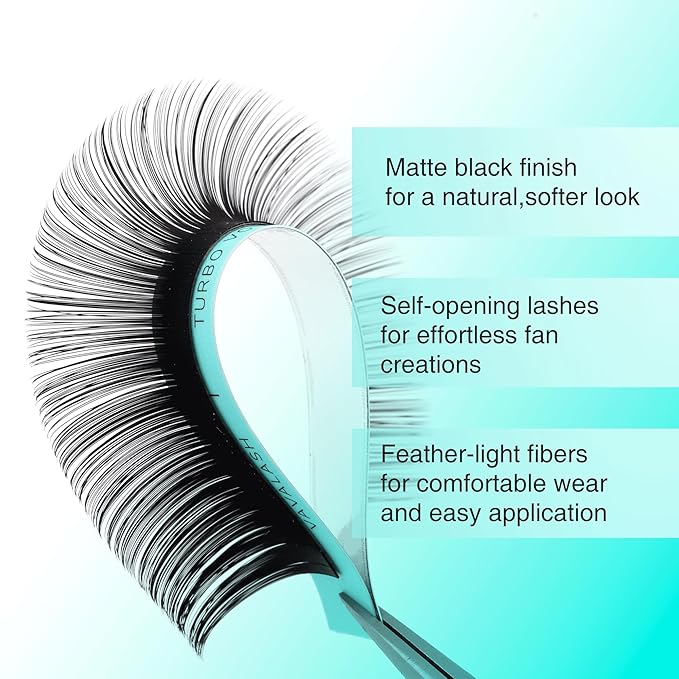 Shimmy-free Lashes Extenisons Self Fanning Eyelash Extensions 0.03 0.05 Turbo Volume Lashes C/CC/D Curl 15mm True Matte Black Lash Extensions Professional Volume Eyelashes (0.05-CC-15mm)