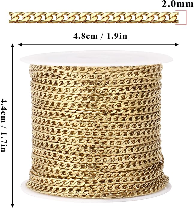 16.5 Ft Stainless Steel Curb Chains, 5mm 6mm 7mm 9mm Cuban Chain Roll Bulk for Jewelry Making