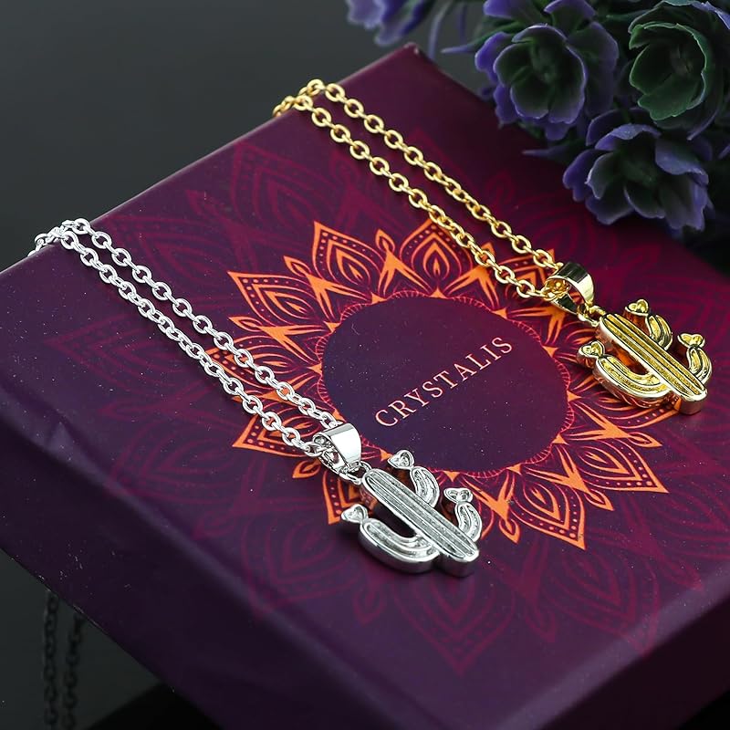 JOR Cactus Charm Pendant Necklace, Men & Women Unisex Jewelry, Dainty Gold & Silver Plated Combo Chain 18 inch (Pack of 2)