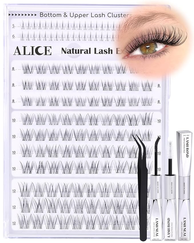ALICE Short Lash Clusters Kit 8mm-10mm-12mm Natural Clear Band Cluster Eyelash Extension Kit Wispy Eyelash Clusters Kit with Bottom Lashes Bond and Seal DIY at Home