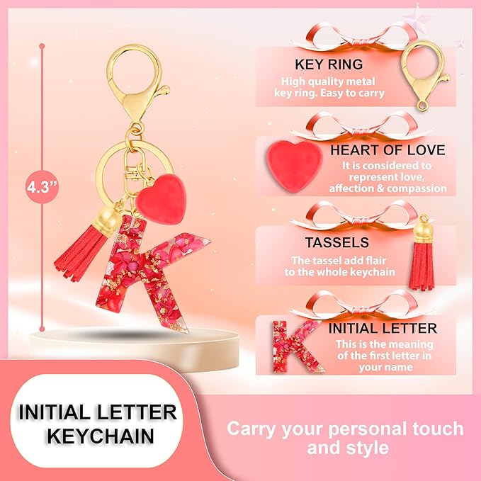 Initial Keychains for Women with Cute Heart Resin - Alphabet Letter Keychain for Bag, Backpacks, Purse or Car key
