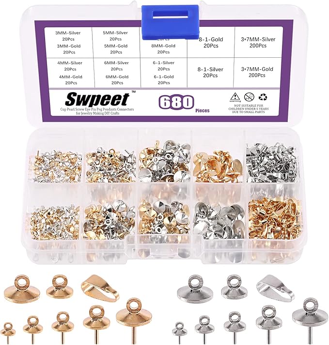 Swpeet 680Pcs Gold and Sliver 3mm 4mm 5mm 6mm 8mm Cup Pearl Screw Eye Pin Bail Peg Pendants with 7mm Pendant Charm Clasps Connector Kit, Perfect for Half-drilled Beads Jewelry Making