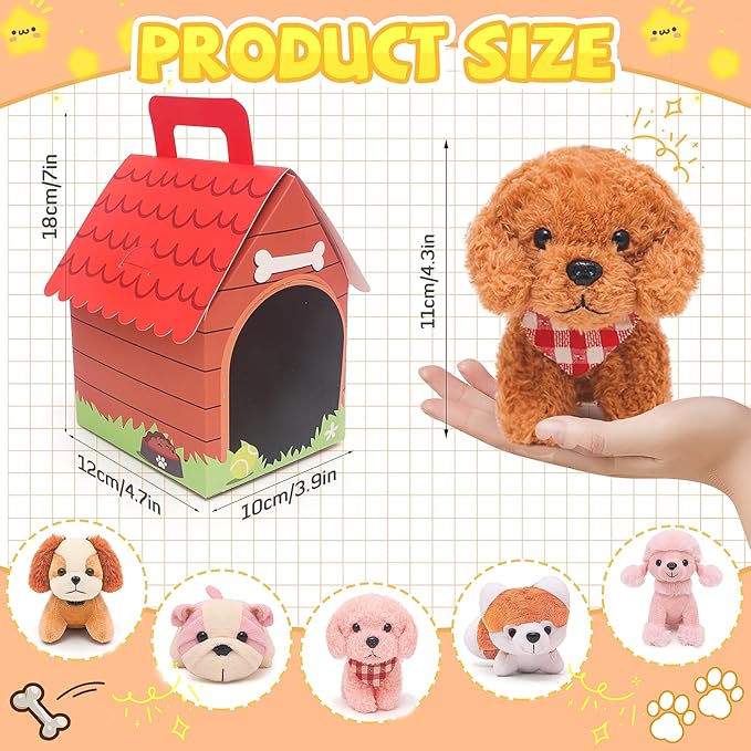 12 Pcs Mini Plush Puppy Set, Adopt A Pet Dog Party Favors with Keychain Gift Toys with Carton Dog House, Kids Baby Show Birthday Christmas Party