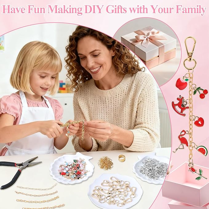 ZOYVUX 363Pcs Lip Gloss Charms Keychain Kit, DIY Bag Charm Kit with 100 Charms, 20 Keychain Hooks, 40 Extender Chains, Jump Rings and Jewelry Plier | Gifts for DIY Craft and Jewelry Making