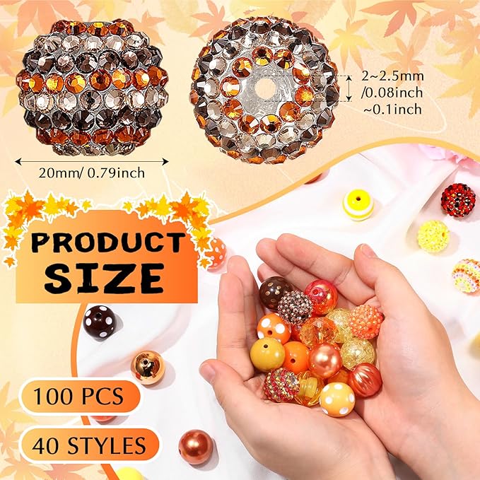 100 Pcs 20mm Rhinestone Bubblegum Beads for Pens Mixed Crystal Resin Chunky Beads for DIY Craft Keychain Necklace Bracelet Jewelry Making(Autumn Color)