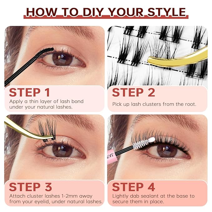 JOLIETIFY Lash Extension Kit, Wispy Faux Mink 8-16mm Cluster Lashes, Natural Soft & Fluffy, Waterproof Bond & Seal, Reusable Individual Lashes with Tweezers & Remover, Beginner Friendly