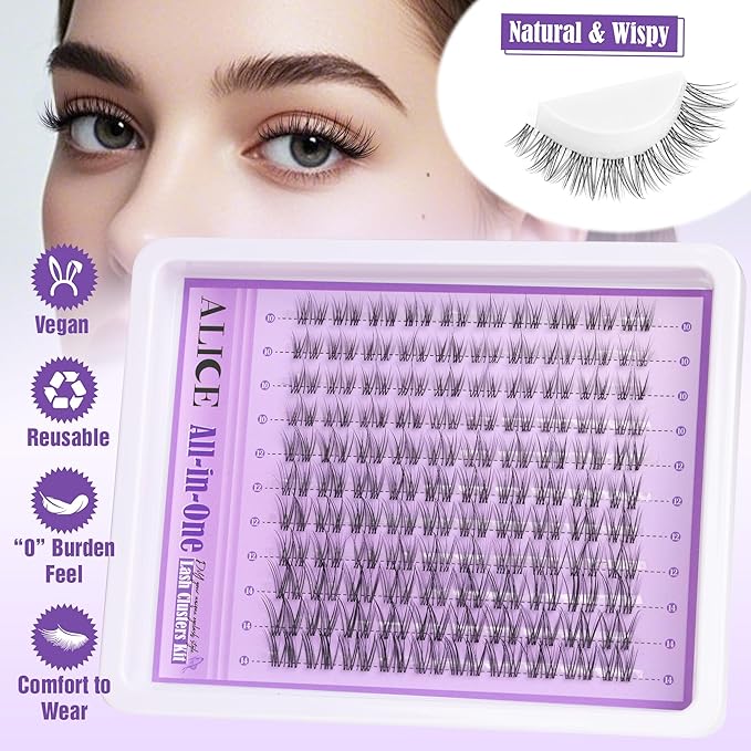Clear Band Lash Clusters Kit Natural Wispy Lash Extensions Kit 10-14mm DIY Eyelash Extension Kit C-Curly Individual Lashes Kit with Lash Glue Lash Remover Self Application at Home by ALICE