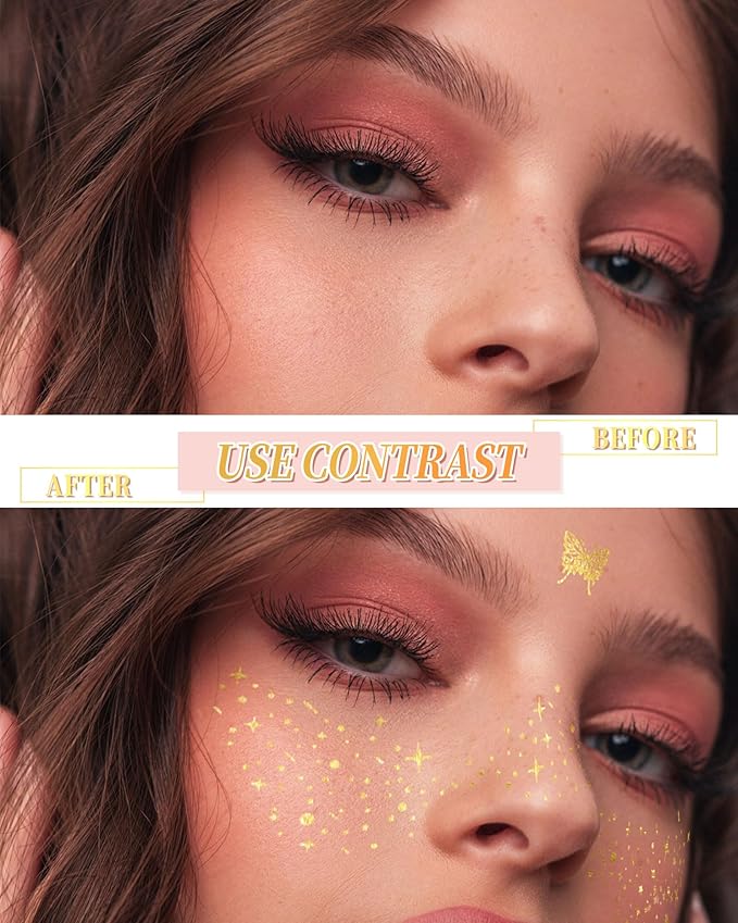 SUMEITANG Glitter Freckles Face Tattoo Patches - 12PCS Temporary Sparkle Face Stickers with 10 Remover Wipes | Waterproof Festival Rave Party Makeup Accessories for Women Girls (Gold)