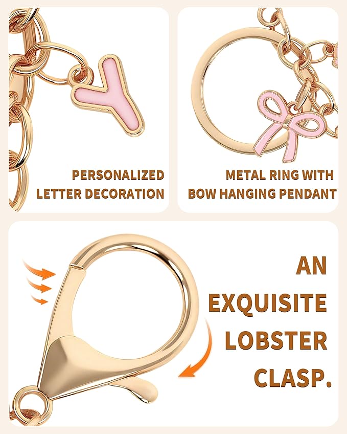 Bow Purse Charms Keychain - Pink Bow Alphabet Letter Key Chain, Bag Charms Wallet