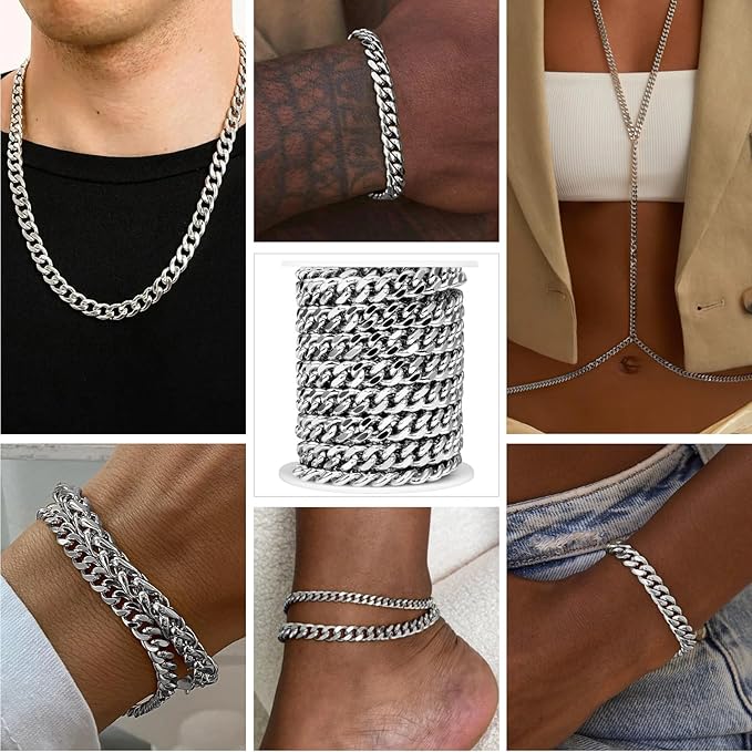 16.5 Feet Stainless Steel Cuban Chains Roll, 9mm Width Chunky Curb Link Chains Spool Bulk for Jewelry Meking