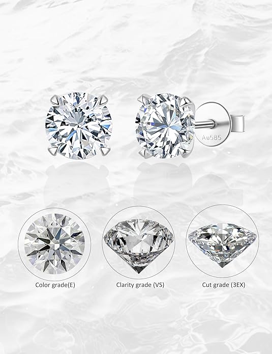 14K White Gold Lab Grown Diamond Stud Earrings, 0.5-2.00 Ct Round IGI Certified, E-F Color VS1-VS2 Clarity, Push Back Setting