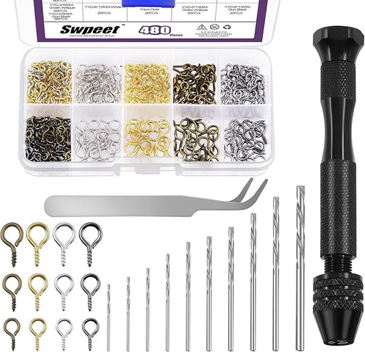 Swpeet 492Pcs Pin Vise Small Push Hand Drill and 0.8-3mm Drill Bits Set with Tweezer and 4/5/6mm Eye Screws Assortment Kit, Hand Drill for DIY Keychain, Jewelry Making, Resin Polymer Clay Craft